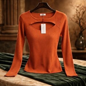 Zeagoo Rust Long Sleeve Ribbed Top. Twisted Band across chest
